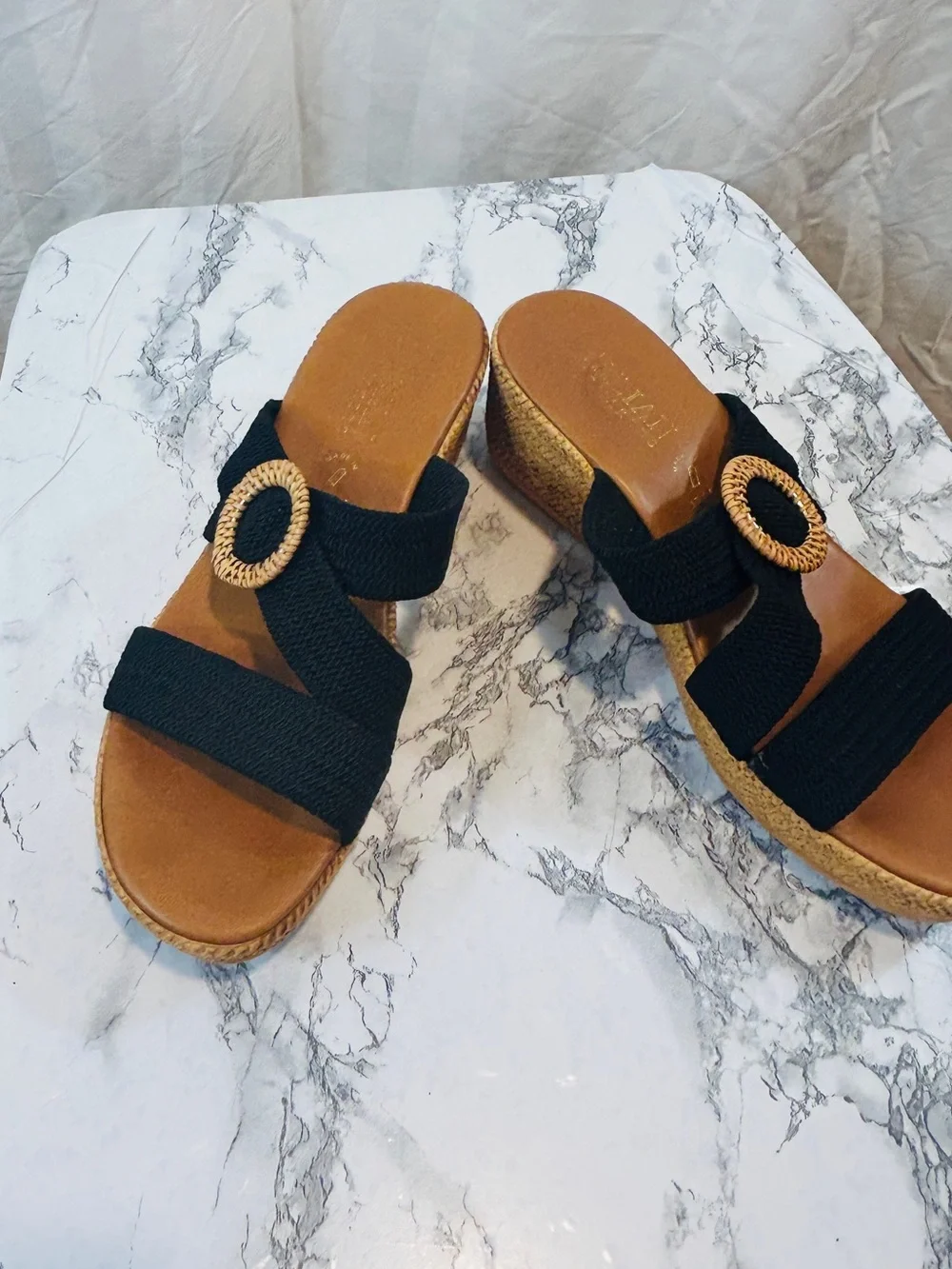 Italian Shoemakers Black and Tan Wedge Sandals with Rattan Accent